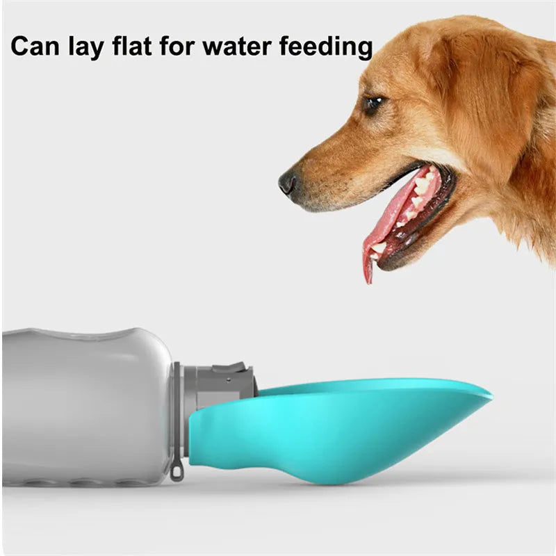 Blue grey portable dog water bottle with foldable drinking bowl extended, showing lock key.