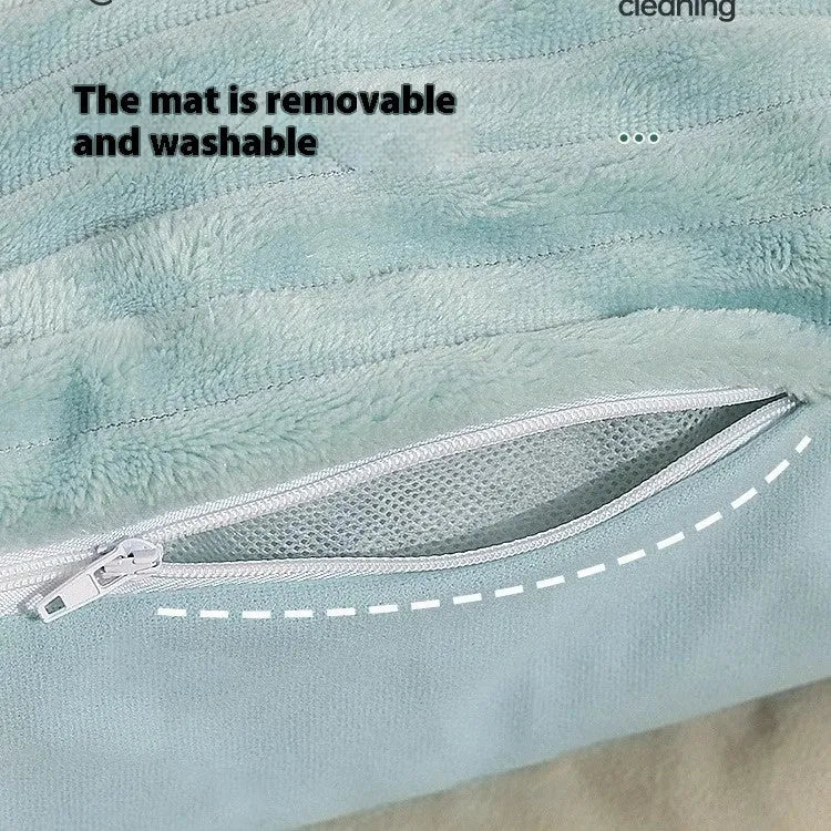 Morandi colour removable washable dog bed mat on a sofa, shown in M and L sizes.