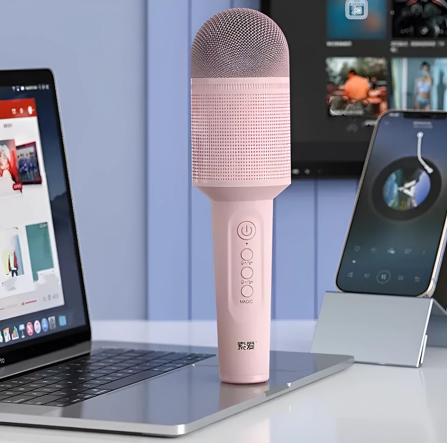 Wireless Bluetooth karaoke microphone in pink, blue, or green colours with USB charging port