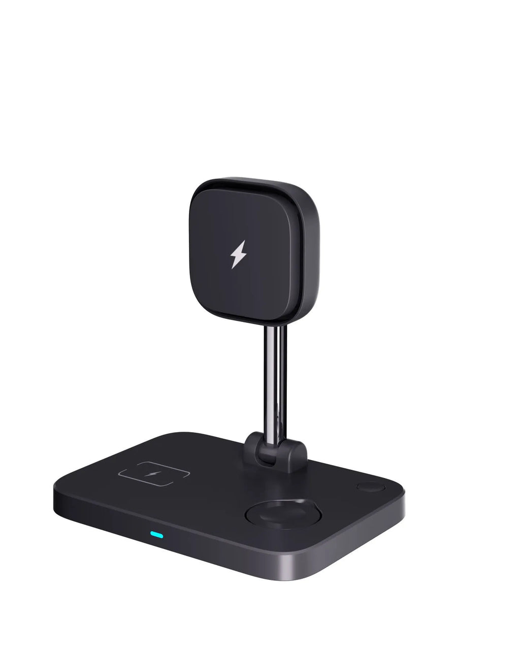 Black magnetic three-in-one wireless charger and cooling bracket on a desk, with phone upright and watch on base.