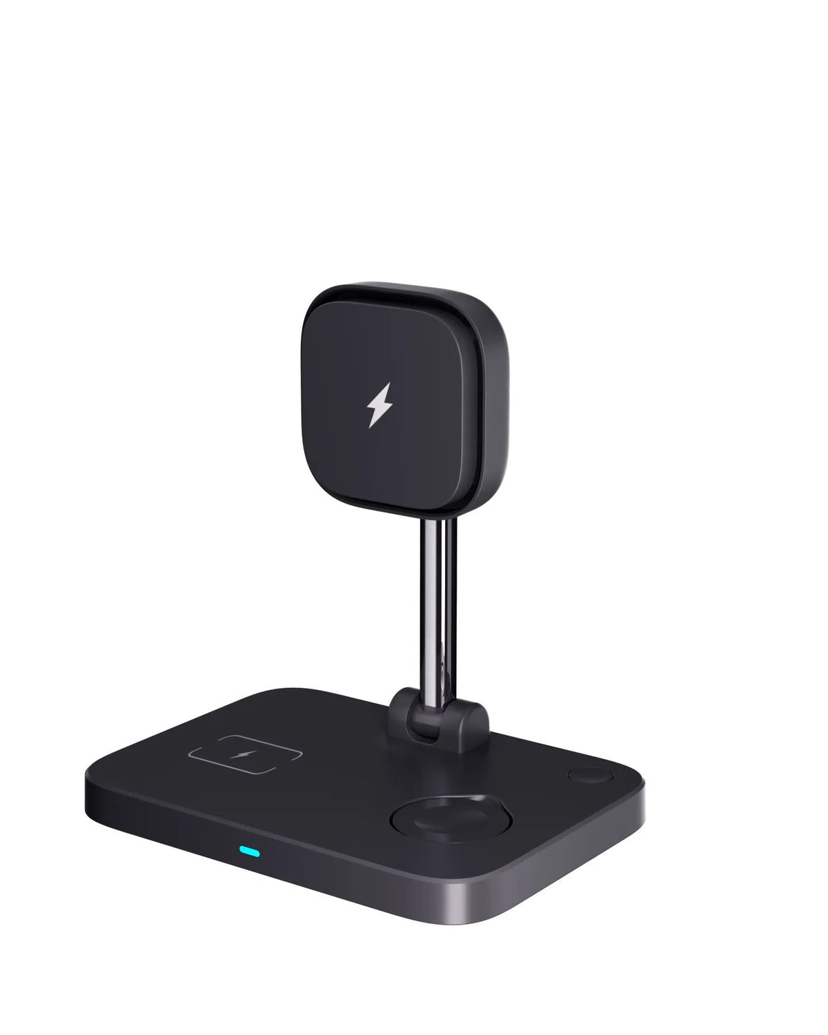 Black magnetic three-in-one wireless charger and cooling bracket on a desk, with phone upright and watch on base.