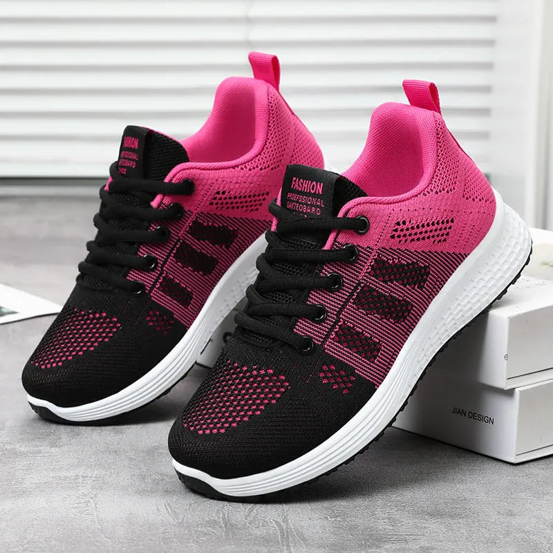 Women's Flyknit running shoes in three colour options with soft bottom and round toe design