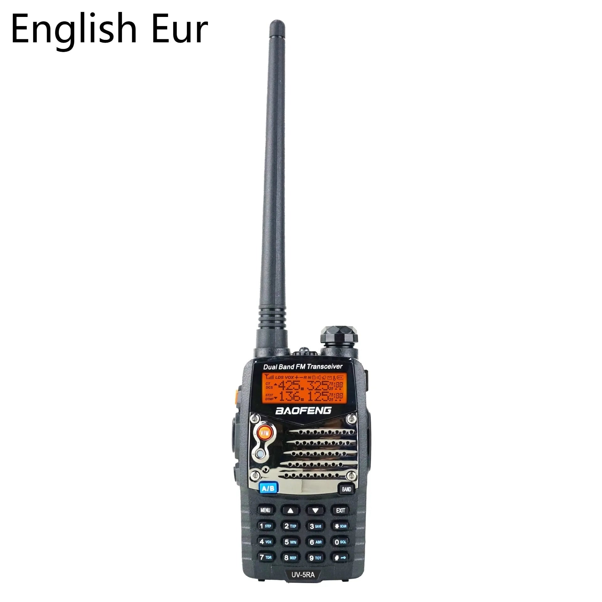 Baofeng UV-5RA black dual band walkie-talkie with dual display and antenna.