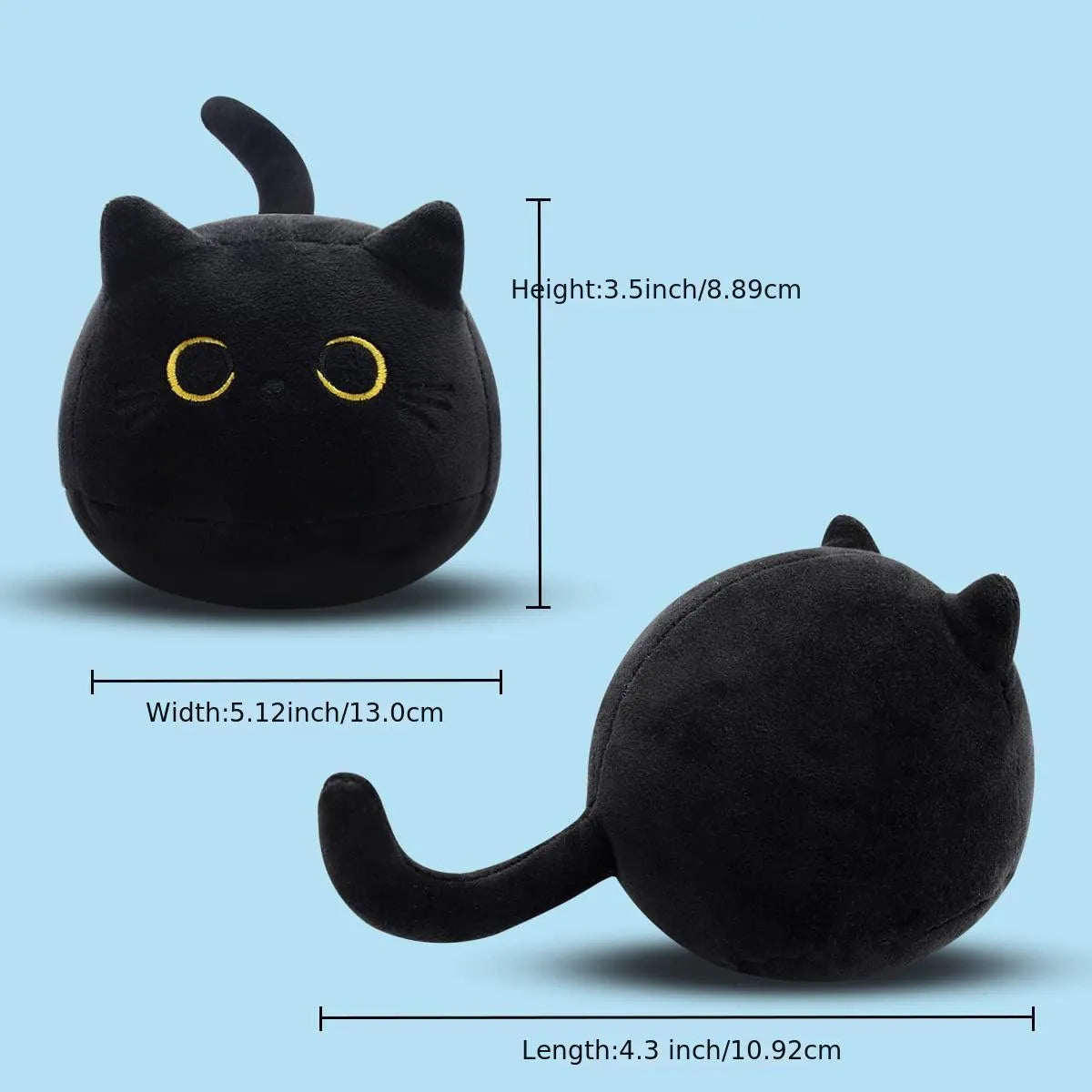 Fluffy black cat plush toy stuffed animal pillow cushion on a neutral background