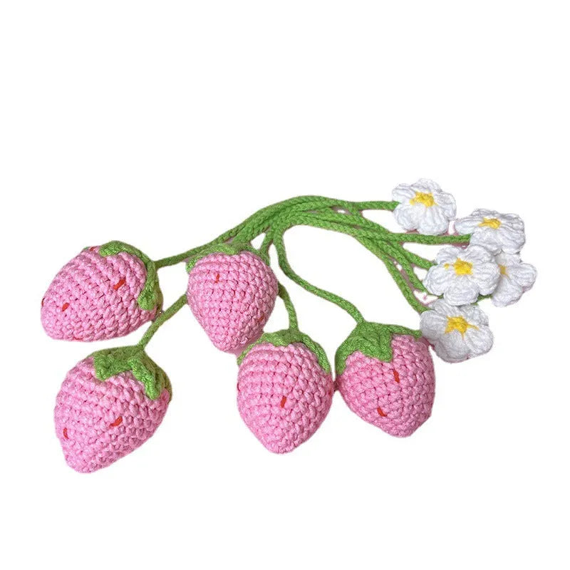 Wool crochet strawberry pendant necklace with woven design measuring 35cm in pink or red colour