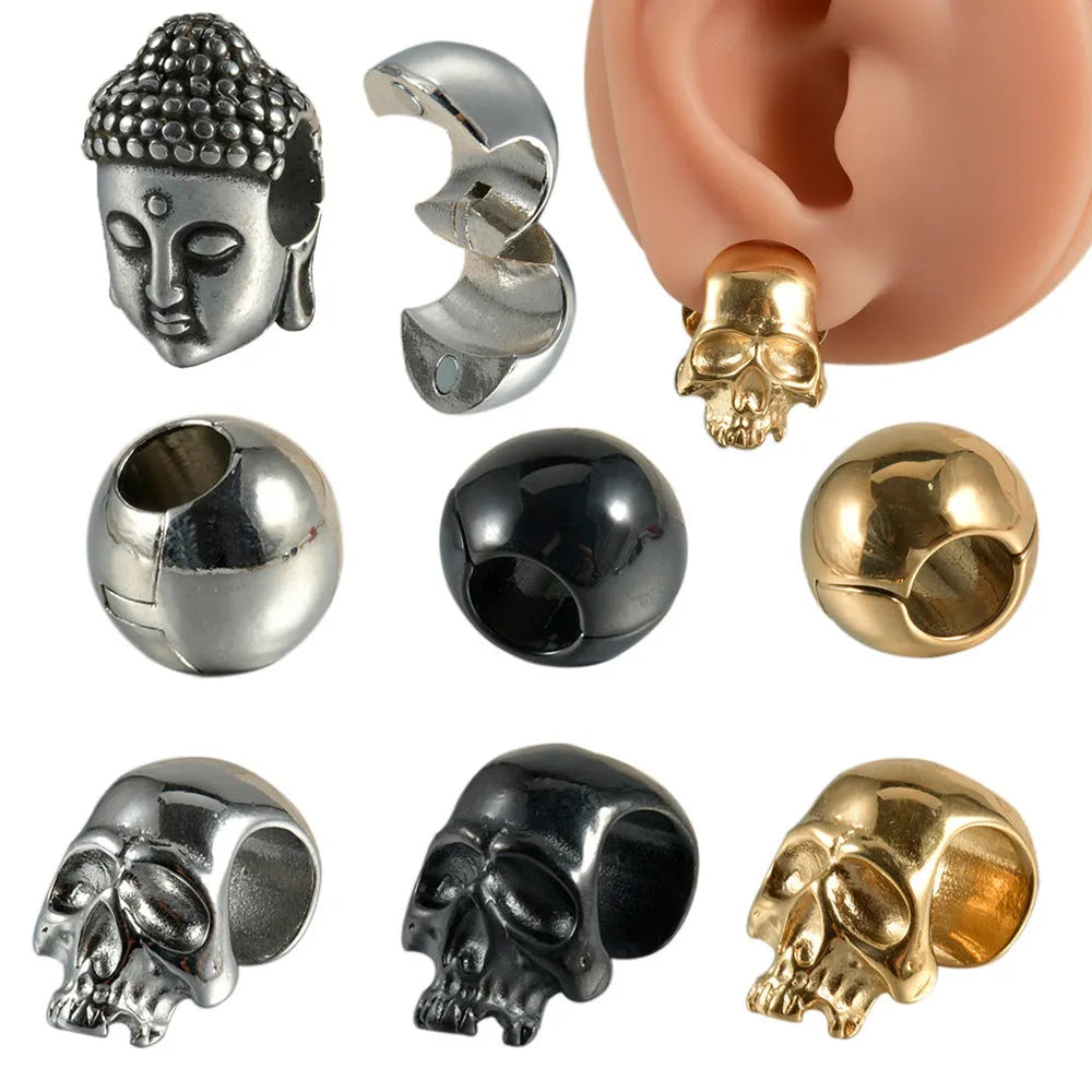 Stainless steel hollow skull and Buddha head geometric earrings for men and women.