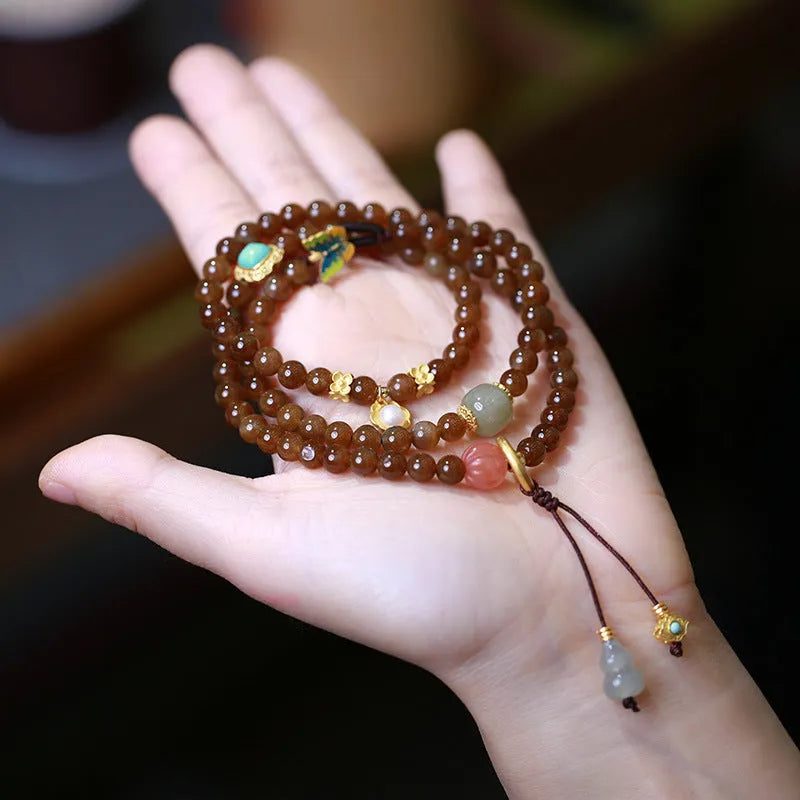 Brown jade Hetian jade three-ring bracelet with geometric design and silver-plated accessories