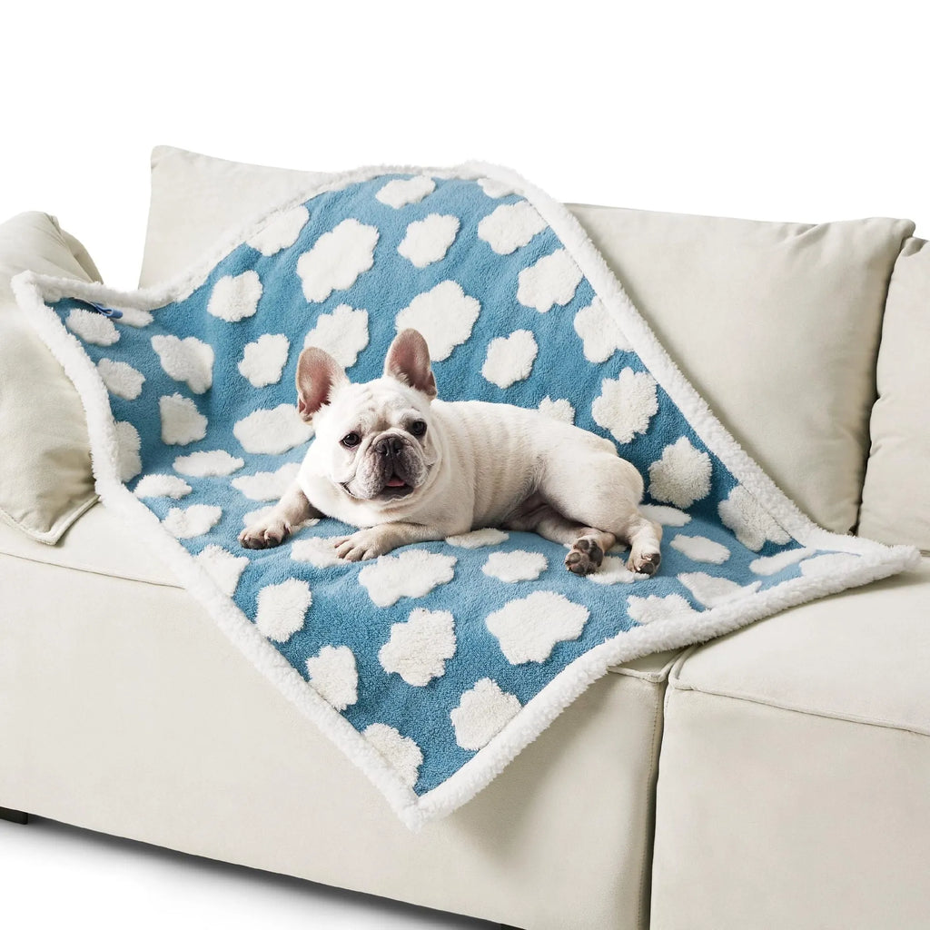Waterproof dog blanket in blue sky white clouds pattern showing size options