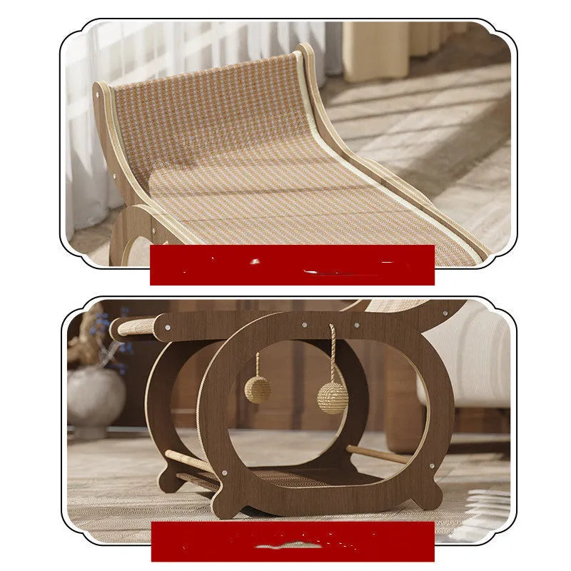 Solid wood base sisal scratching mat for cats in walnut colour on a wooden floor.