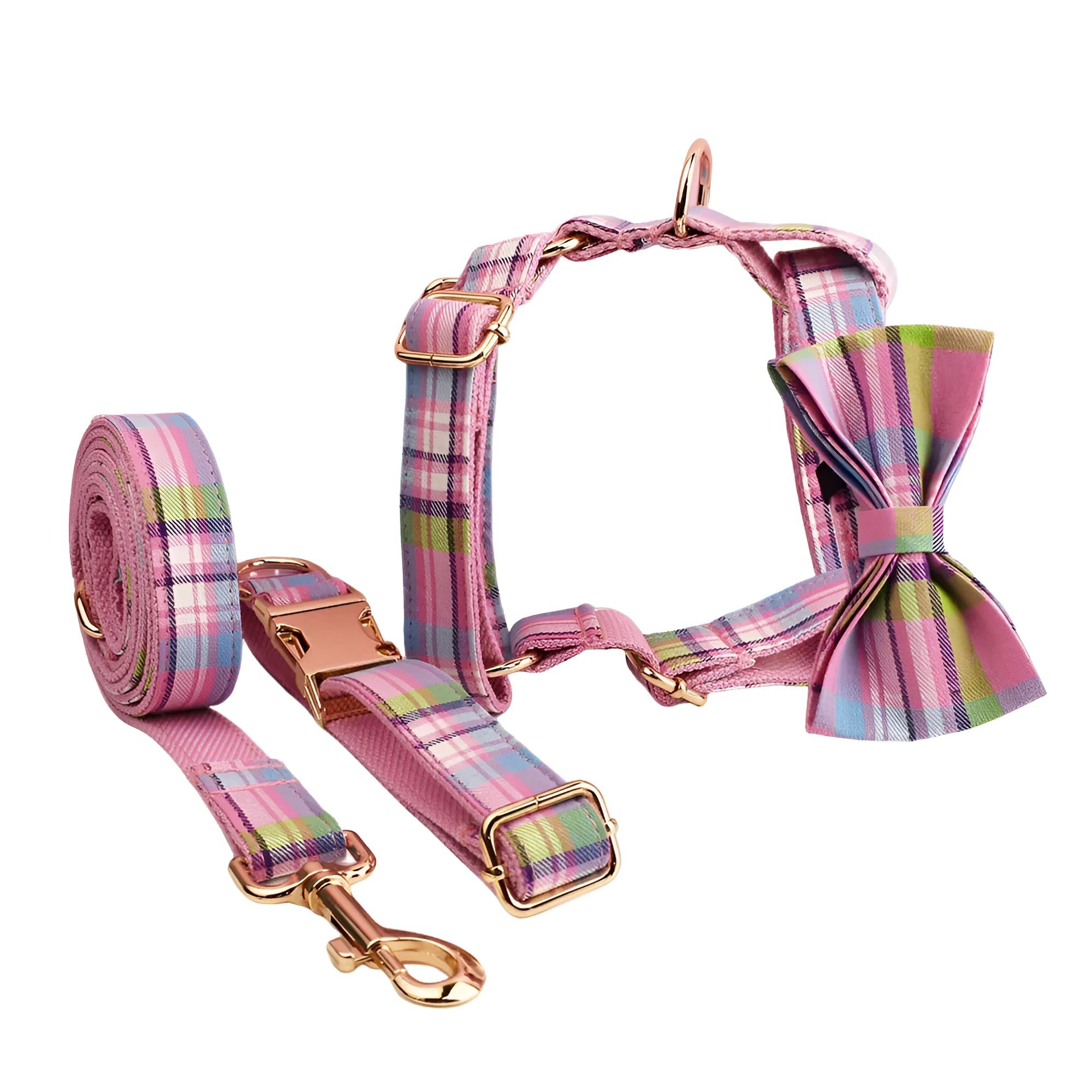 Four-piece cloth dog accessory set showing collar, leash, bow, and vest for small to large dogs.