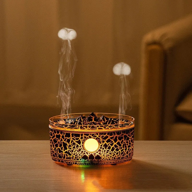 Volcano aroma diffuser with dual fog outlets in white finish on a desk