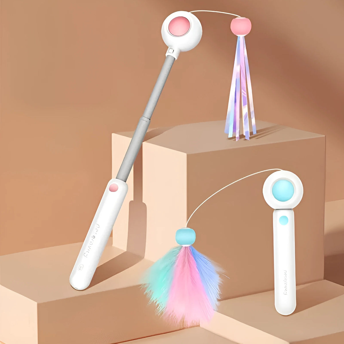 Retractable cat teaser stick with replacement feather head, 85g, available in blue or pink