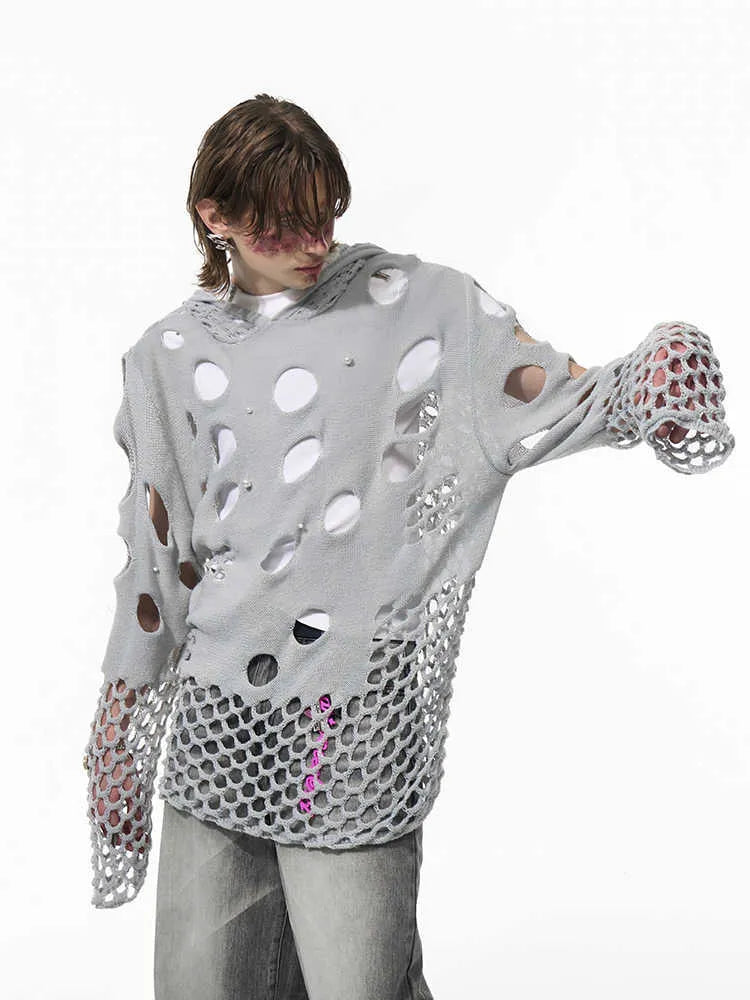 Black men's hooded sweater with hollow knit pattern and pearl decorative details on the front.