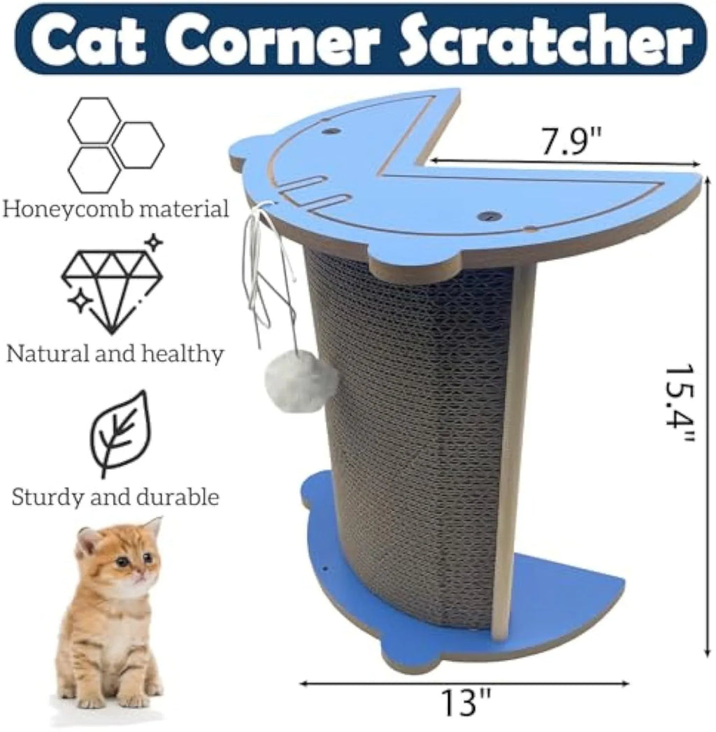 Grey corner-shaped cardboard cat scratching post with a white hanging ball, shown placed in a room corner.