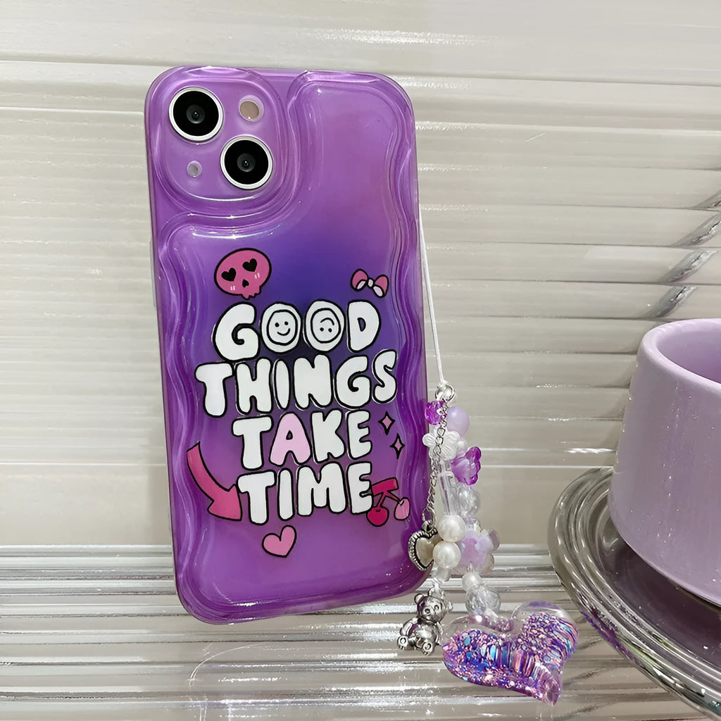 Purple English graffiti iPhone 14 mobile phone case with chain bracelet and love pendant