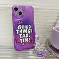 Purple English graffiti iPhone 14 mobile phone case with chain bracelet and love pendant