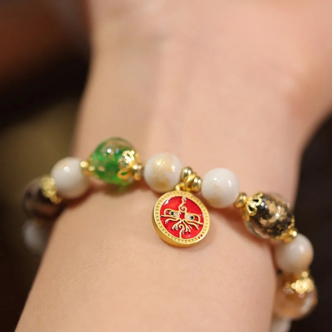 Handmade glass glaze bracelet with Five Gods of Wealth design on 10mm geometric beads.