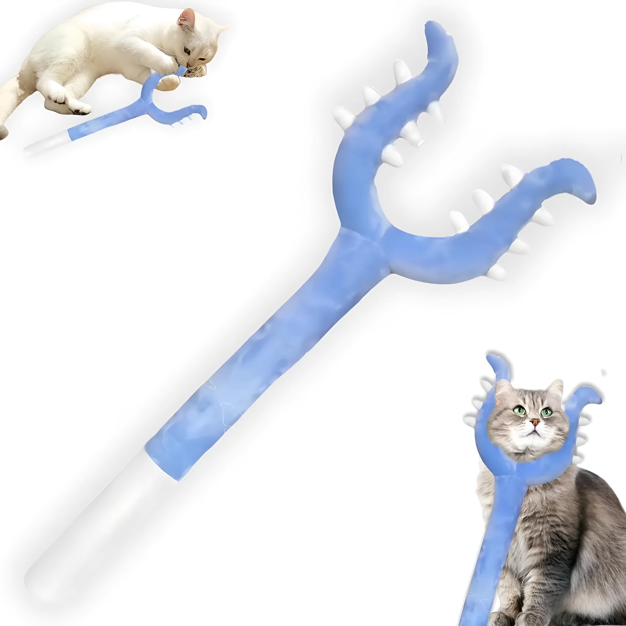Blue plush cat wand toy with foam-filled front section, 70cm length