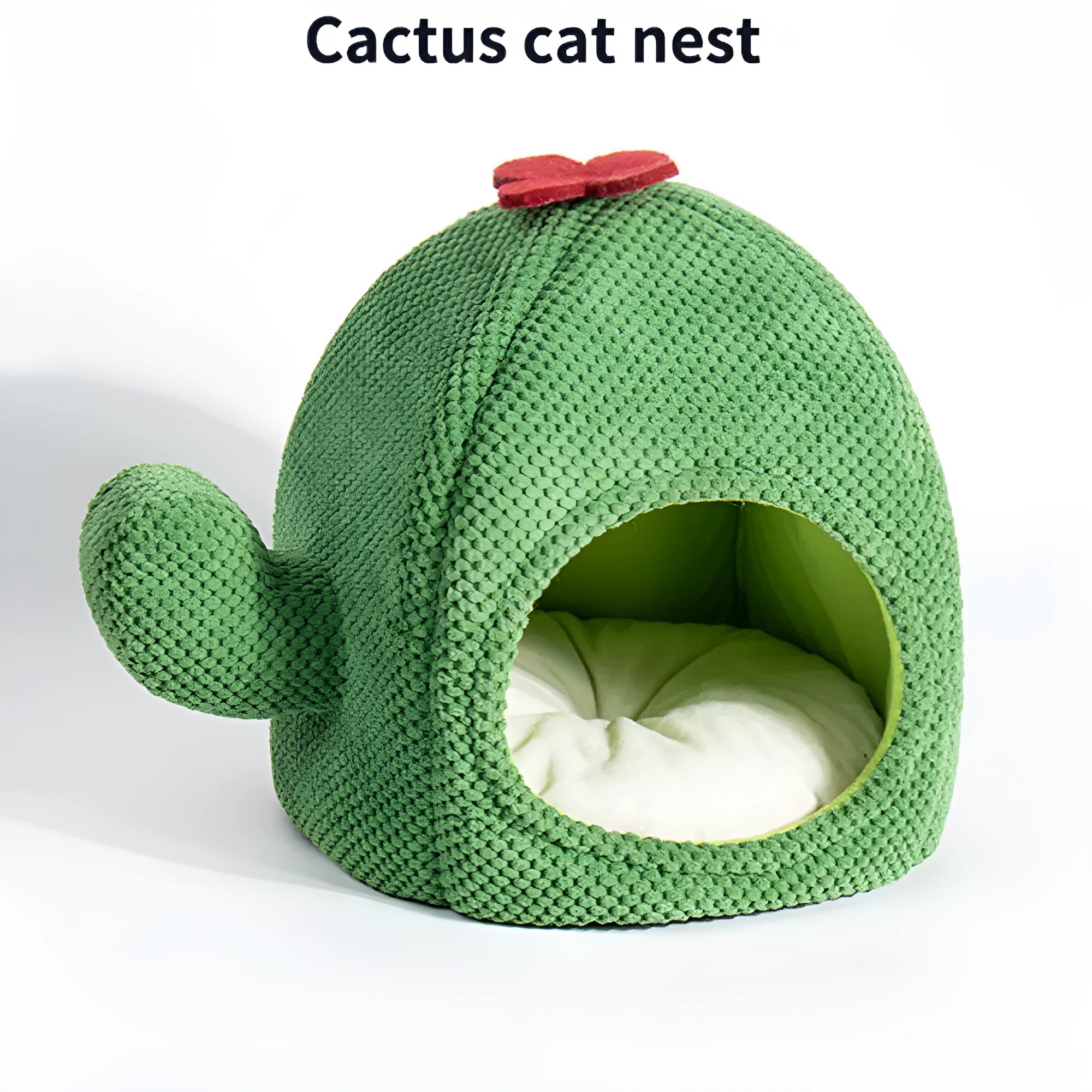 Green cactus-shaped enclosed cat bed for indoor pet sleeping