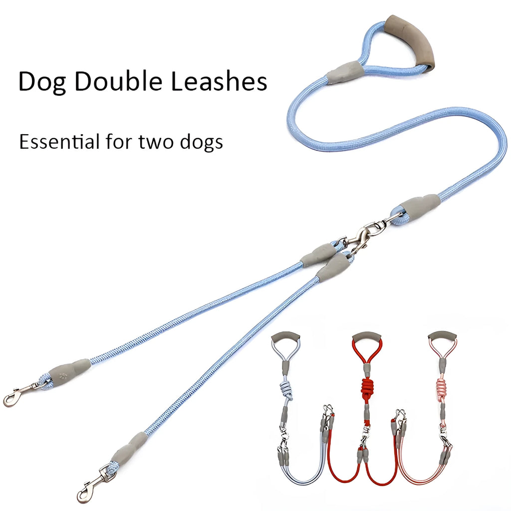Double dog leash for two dogs with foam handle and metal buckles in blue colour