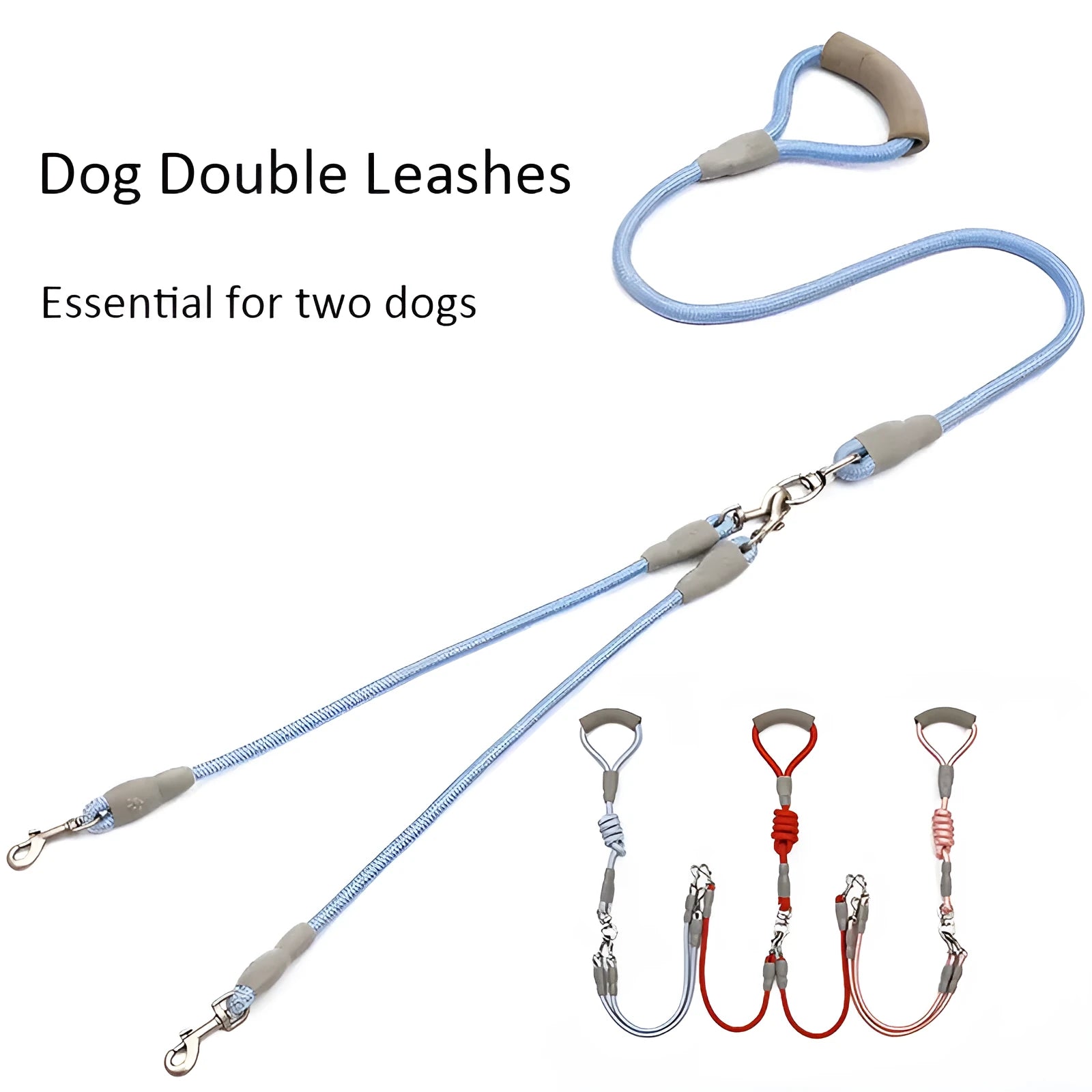 Double dog leash for two dogs with foam handle and metal buckles in blue colour
