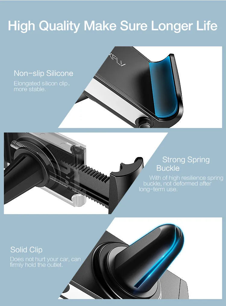 Black universal adjustable car air vent bracket phone holder made from ABS plastic clipped onto a car vent