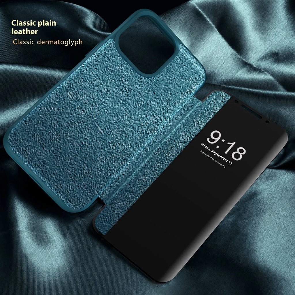 Plain black leather business flip phone case with anti-drop function for iPhone 14 Pro Max