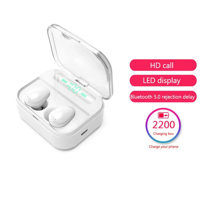 Black and white X7LED sports in-ear Bluetooth headphones with a USB charging case displayed open.