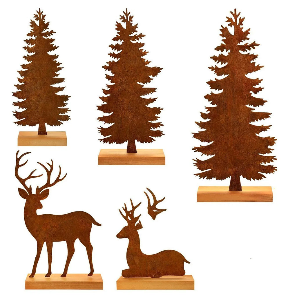 Three rustic iron metal Christmas tree decorations with elk silhouettes and weathered finish
