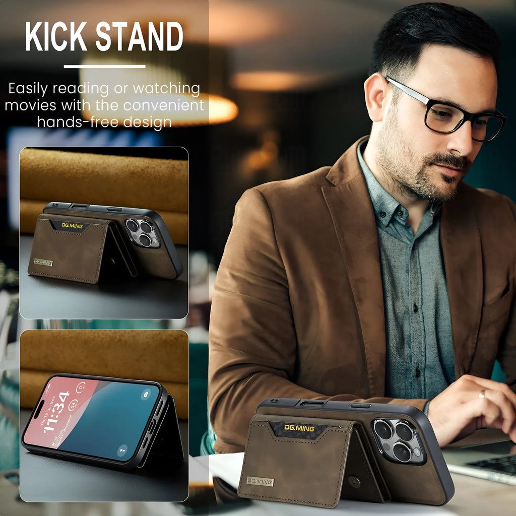 Magnetic card case for iPhone 16 Pro Max in retro PU leather with split design and card slot
