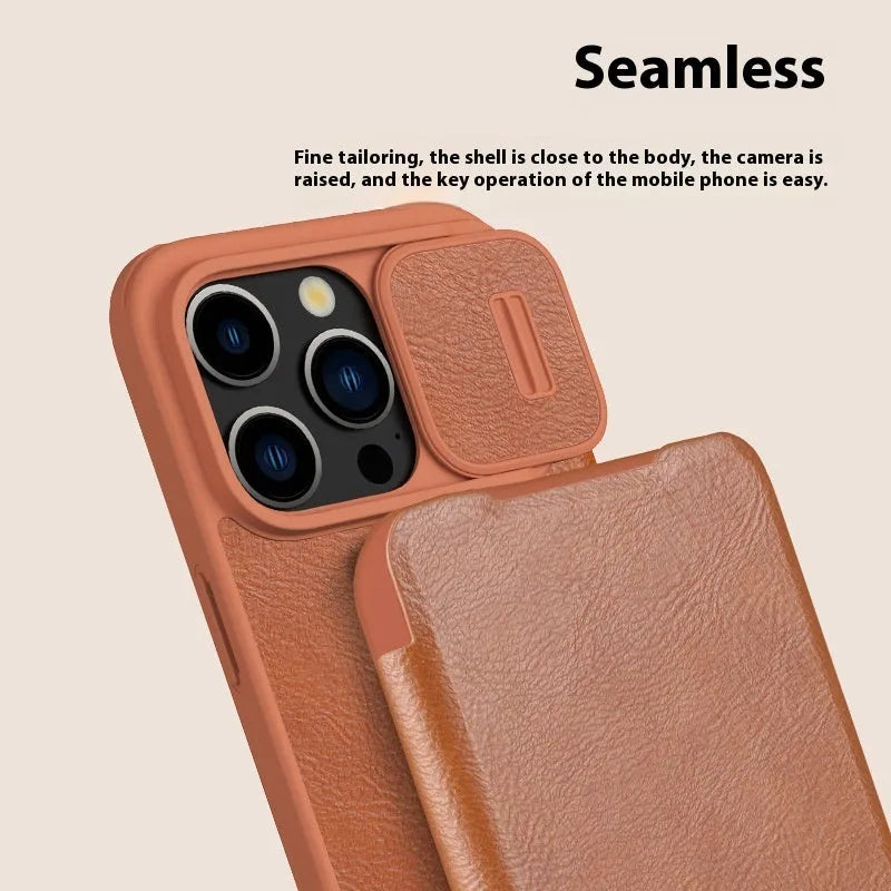 Imitation leather flip phone case for iPhone 14 Pro Max and iPhone 15 models in black, brown or red
