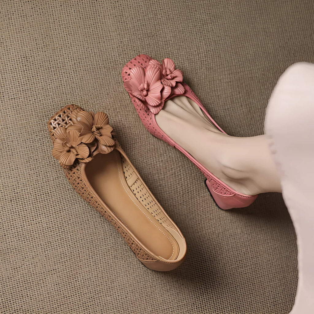 Light brown women's hollow pumps with a woven leather upper and a mid heel.