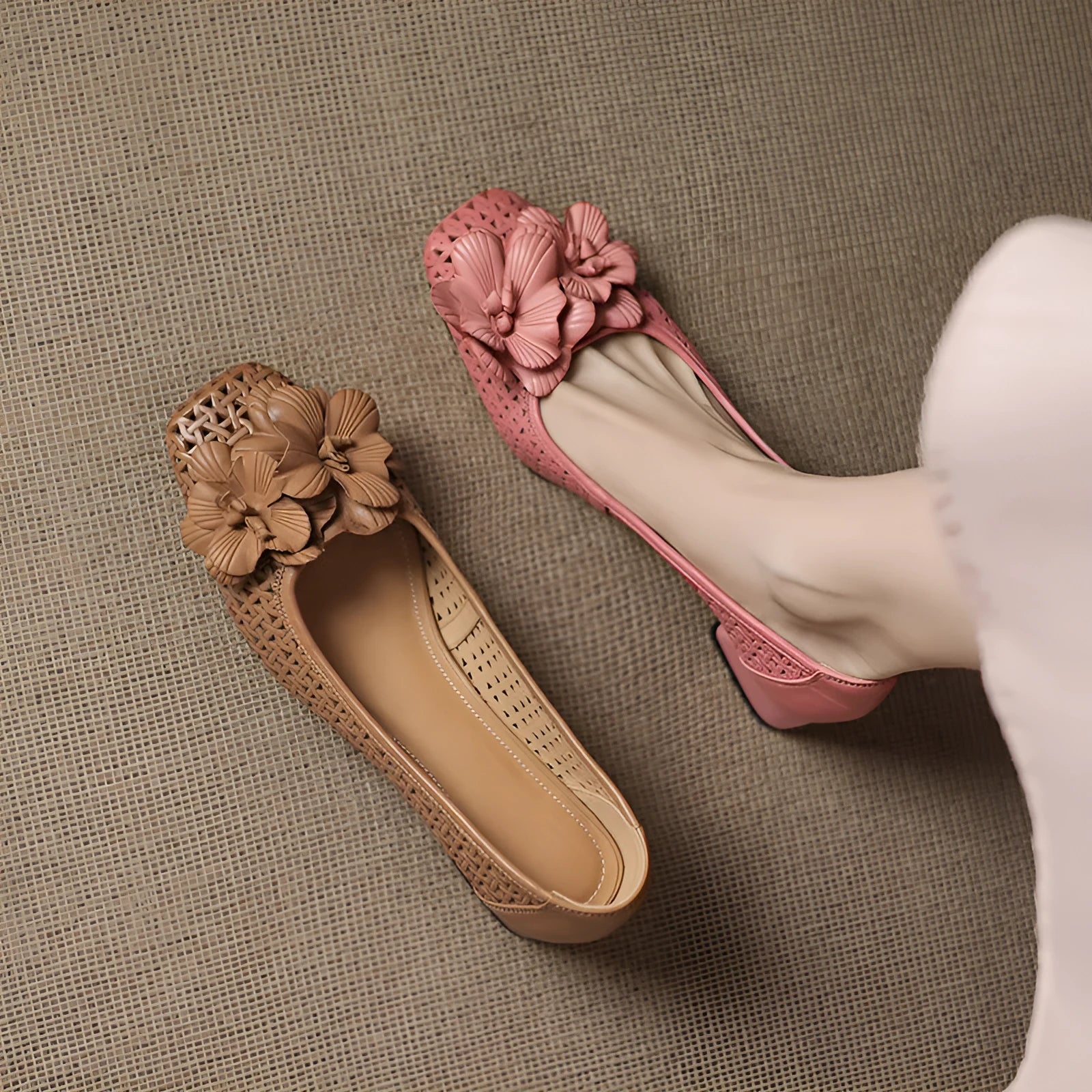 Light brown women's hollow pumps with a woven leather upper and a mid heel.