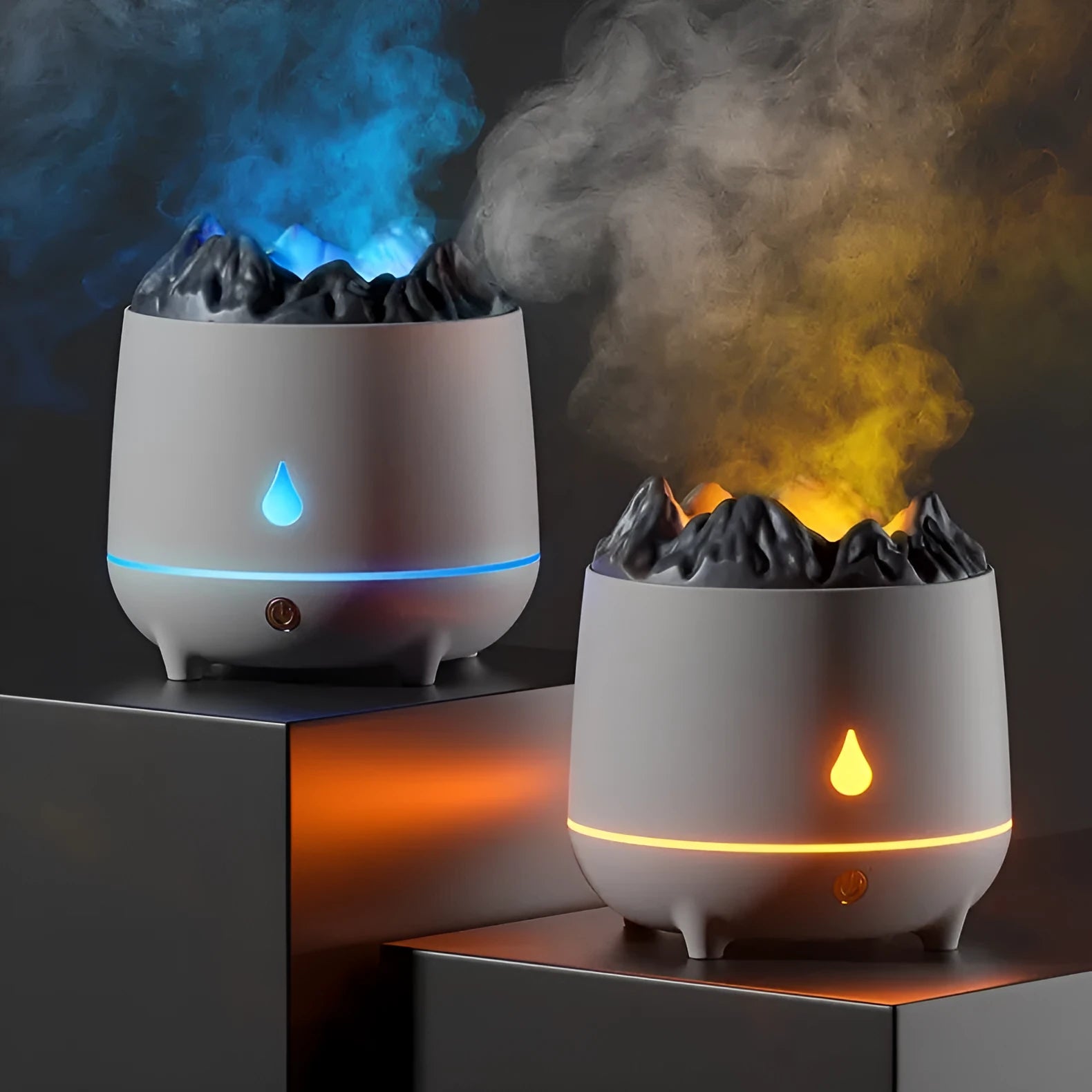 Volcano humidifier with flaming mountain design in black and white colour options