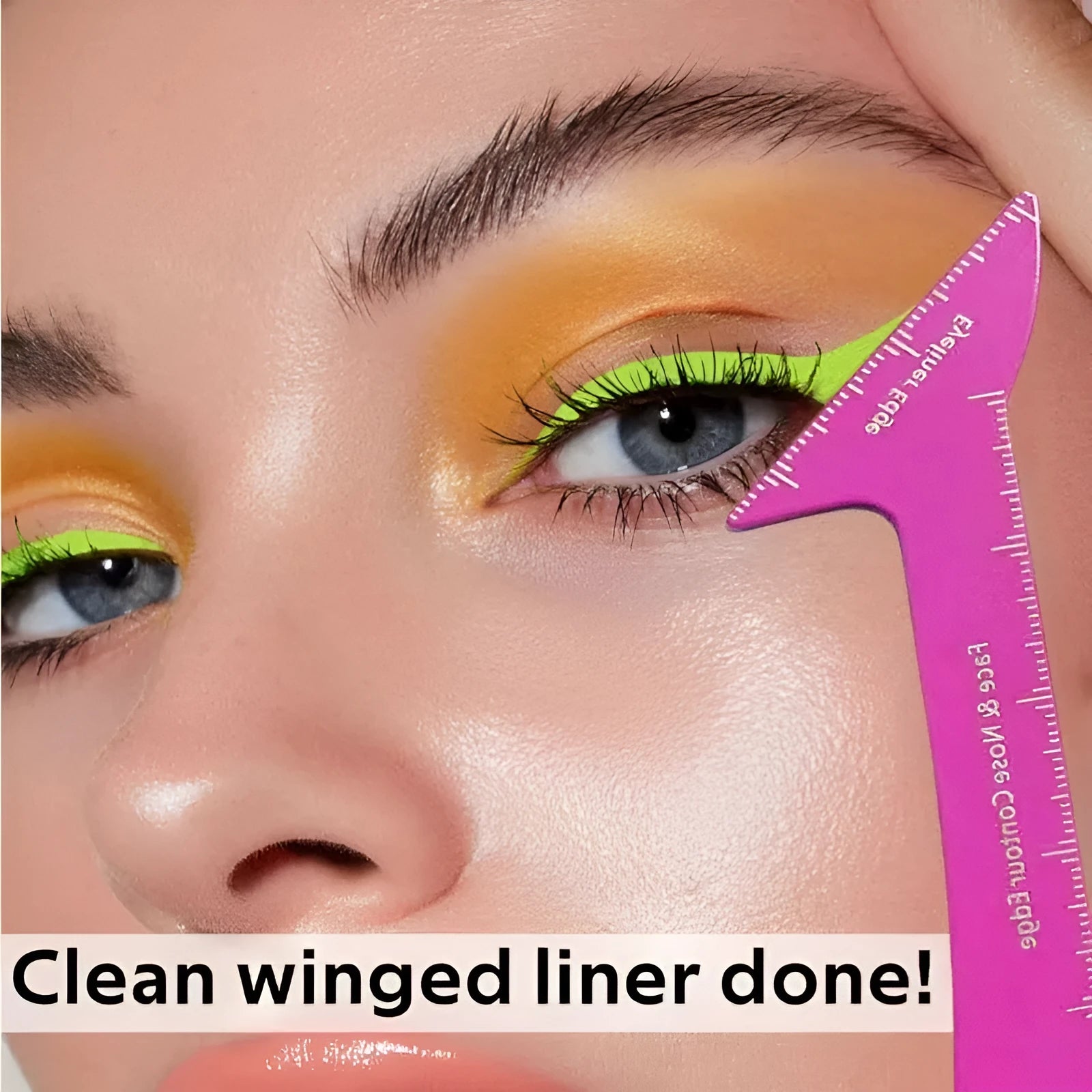 Pink reusable plastic makeup stencil tool for winged eyeliner, eyebrows, and contour on hooded eyes.