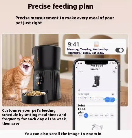 Black automatic pet feeder with smartphone showing feeding schedule and portion control settings