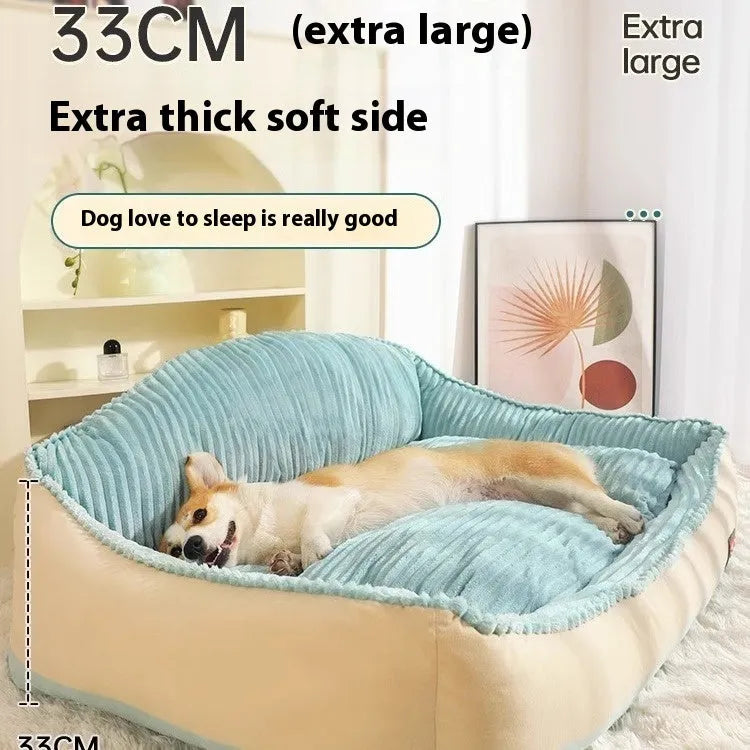 Morandi colour removable washable dog bed mat on a sofa, shown in M and L sizes.