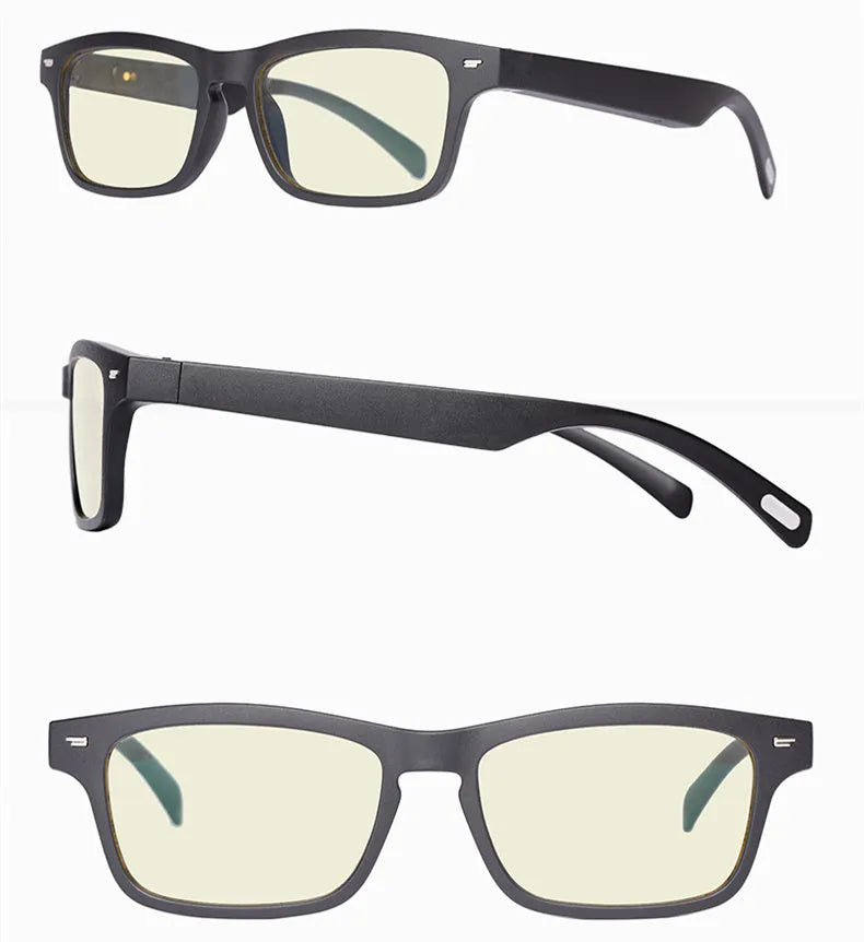 Black smart glasses with Bluetooth open-ear audio speakers on temples and choice of lenses
