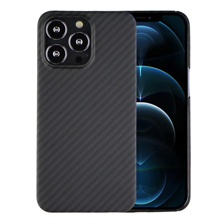 Dull black kevlar fibre iPhone case with volcanic crater texture and MagSafe ring