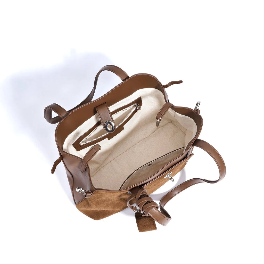 Dark brown genuine leather retro handbag horizontal square large capacity double shoulder straps