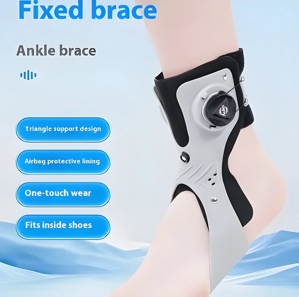Adjustable airbag button ankle support brace shown in grey, with left and right foot sizing indicators.