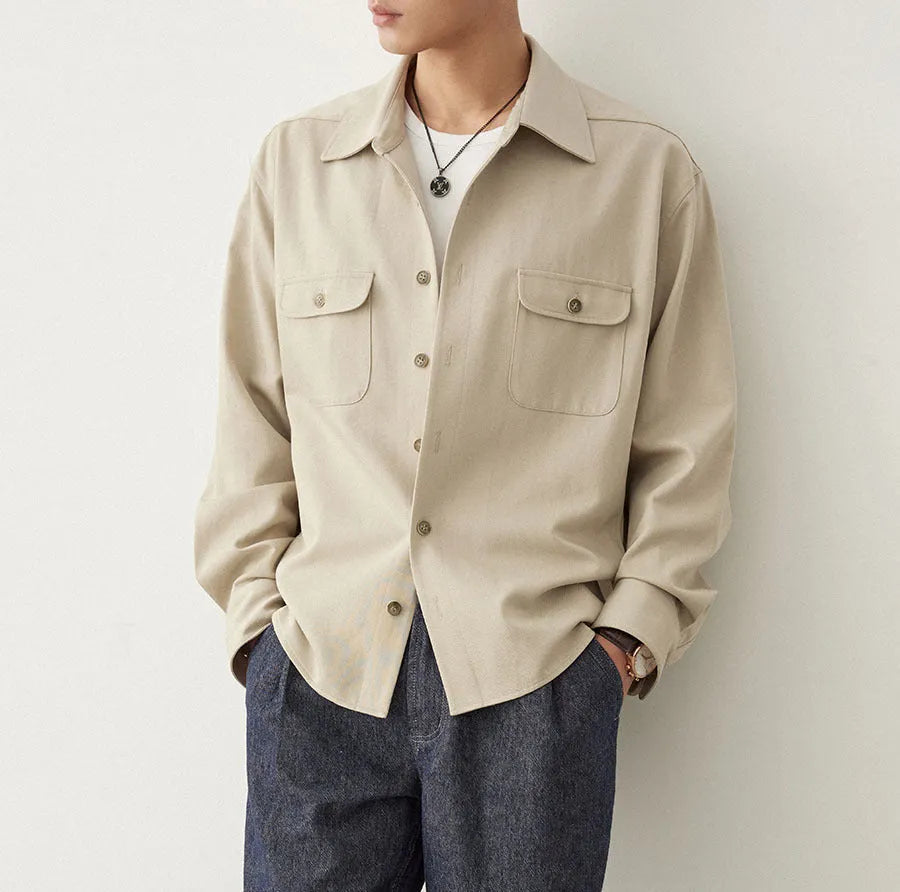 Men's long sleeve cotton shirt with a lapel collar in light sand rice colour.