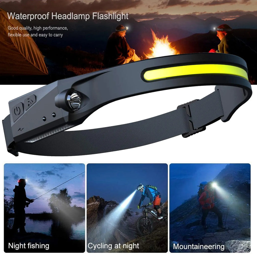 Black silicone USB rechargeable headlamp with side wave sensor and dual LED lights for wide and long-distance illumination.