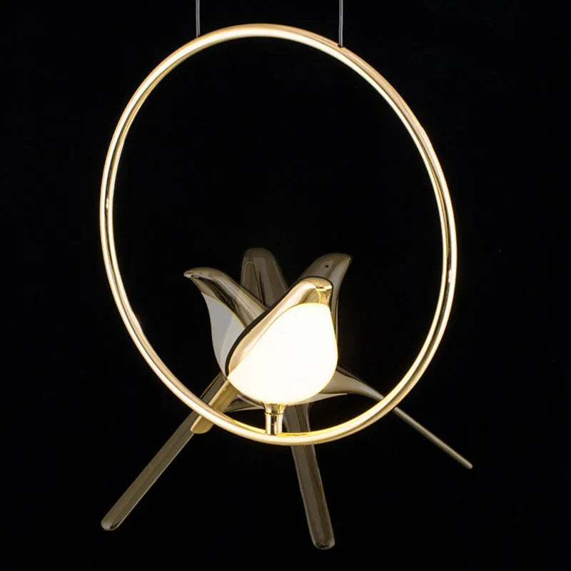 Modern minimalist magpie bird chandelier ceiling light in zinc alloy and acrylic.