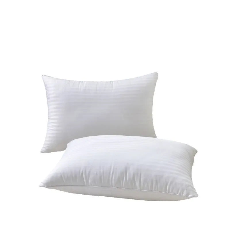 White hotel cotton satin stripe pillow with feather cotton filling shown in three size options.