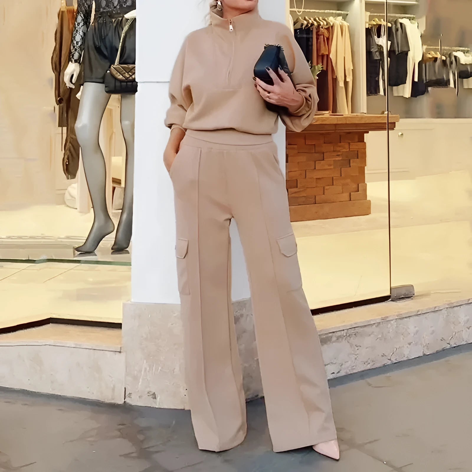 Women's light camel workwear set with lapel top and high-waist wide-leg trousers