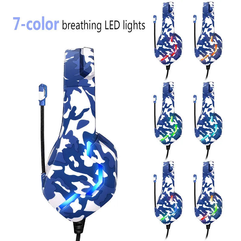 Wired gaming headset with cloth earmuffs and braided cable in camouflage blue design
