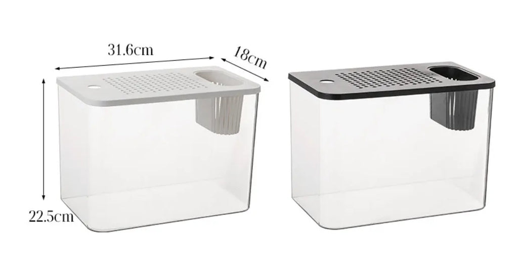 Plastic betta fish tank with cover measuring 32x18.5x23cm in black or white colour options