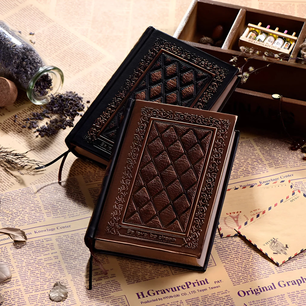 Embossed faux leather notepad with three-dimensional design in Bronze and Black Gold colour options