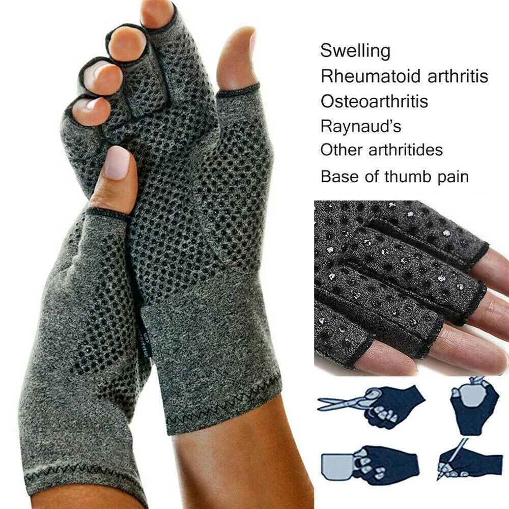 Grey half-finger compression gloves with anti-slip grip palm, shown in a flat lay.